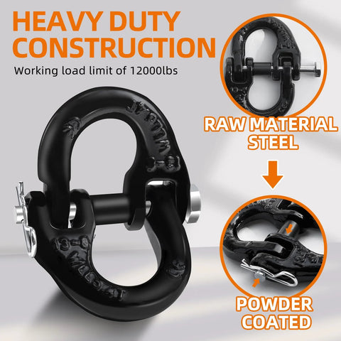 Half Inch Hammerlock Coupling Link With Two RPins Safety Chain Connector showing black steel construction and powder coating