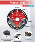 4-1/2 Inch Diamond Multi Purpose Saw Blade 2 Pack For Grinder 7/8 Inch Arbor All In One Wheel Cuts Tile Granite Concrete PVC and Thin Metal Without Switching Blades Do It Yourself Friendly Grinder Accessory with blade details and usage illustrations