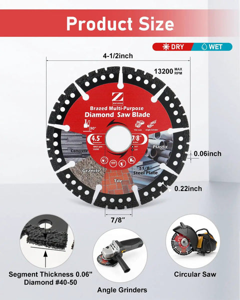 4-1/2 Inch Diamond Multi Purpose Saw Blade 2 Pack For Grinder 7/8 Inch Arbor All In One Wheel Cuts Tile Granite Concrete PVC and Thin Metal Without Switching Blades Do It Yourself Friendly Grinder Accessory with blade details and usage illustrations