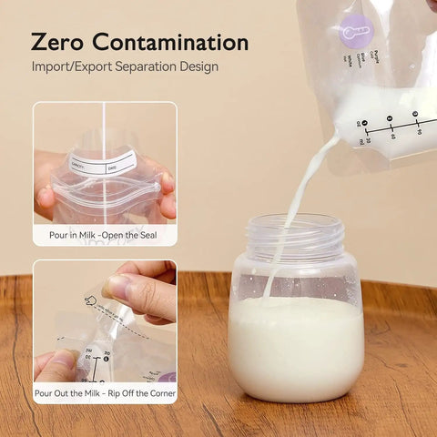 200 Pack Breastmilk Storage Bags Featuring Nifty Temperature Color Shift And Knockout Double Zip Seal For Freezing 6 Ounce Sterilized Breastfeeding Supplies Dead Simple Straight Up Smooth Sailing Bundle, pouring milk into a jar.