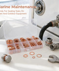 350 Pcs Copper Metric Sealing Crush Washers Set With 10 Sizes For Automotive Marine Motorcycle And DIYer Projects Durable Red Copper Gasket Seals For Oil Drain Plugs Banjo Bolts And General Sealing. Copper crush washers in organizer for marine sealing tasks