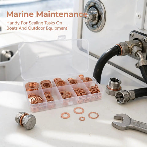 350 Pcs Copper Metric Sealing Crush Washers Set With 10 Sizes For Automotive Marine Motorcycle And DIYer Projects Durable Red Copper Gasket Seals For Oil Drain Plugs Banjo Bolts And General Sealing. Copper crush washers in organizer for marine sealing tasks
