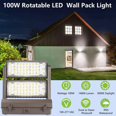 Beefed Up 100W Rotatable LED Wall Pack With Dusk To Dawn Sensor, 14000 Lumen Outdoor Security Light, 60 Degree Beam, 270 Degree Adjustable Panel, 5000K Daylight, ETL Listed For Warehouse, Parking Lot, Entrance Or Garage