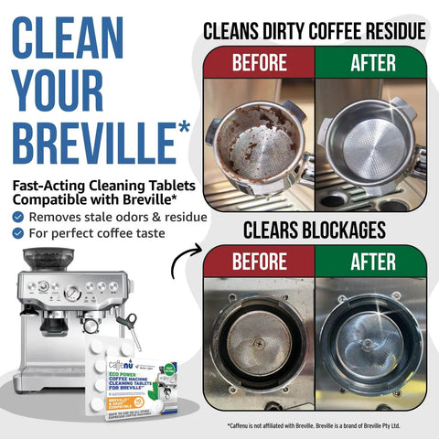 Before and after images using Espresso Machine Cleaning Tablets 10 Pack, 1.4g Each, Coffee Cleaner for Breville and Sage Machines