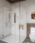 HomeStock Modern Square Solid Brass Shower System with Wall Mount Installation and Brushed Nickel Finish in modern shower setting.
