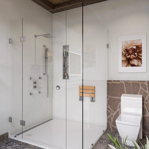 HomeStock Modern Square Solid Brass Shower System with Wall Mount Installation and Brushed Nickel Finish in modern shower setting.
