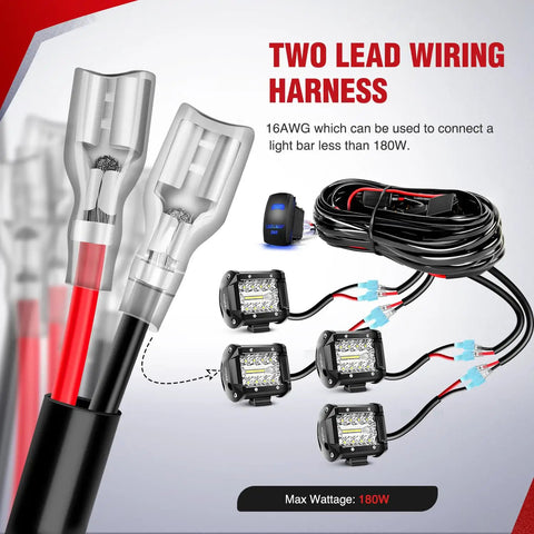Heavy Duty 16AWG LED Pod Lights Wiring Harness Kit With Four Leads Power Relay Inline Fuse And Weatherproof Connectors Handles Up To 180W Total Blue Finish Ideal For Off Road Trucks Jeeps UTVs And Outdoor Lighting Setups, two-lead wiring harness