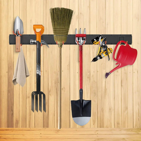 Garage Wall Mount Tool Organizer With Heavy Duty Hooks 48 Inch Steel Yard And Garden Tool Holder Holds Up To 450 Lbs with tools