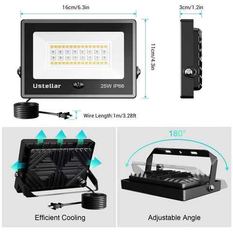 RGBW 25W LED Flood Light Color Changing 16 Million Colors IP66 Indoor Outdoor Uplighting All In One For Events Weddings Parties Stage Lighting 250W Equivalent Warm White 2700K With Remote showing front and side view with cooling and adjustable angle