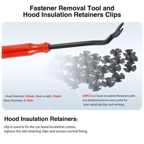 Fastener removal tool and hood insulation retainer clips set