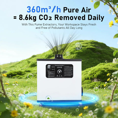 210W Solder Fume Extractor for DIY Soldering with 4 Stage Filtration and 212 CFM showing air purification in green field
