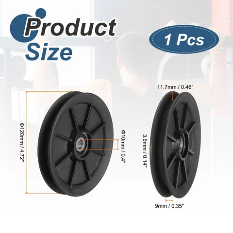 Nylon Bearing Gym Pulley Wheel 120mm 4.72 Inch Heavy Duty Cable Pulley For Home Gym And Garage Door Setup With Steel Shaft And Black Fittings Durable Fitness Equipment Accessory For Cable Machines, black pulley with size markings