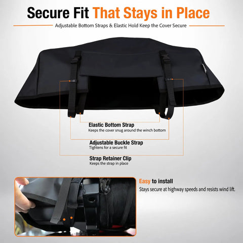 Super Durable Waterproof Winch Cover With Zipper showcasing adjustable straps for secure fit on electric winches.
