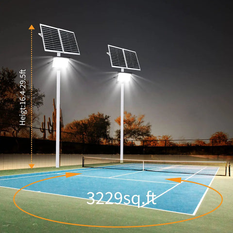 Ultra Bright 400W Solar Security Flood Lights With Remote Control 40000 Lumens IP66 Weatherproof Outdoor LED Street Light illuminating tennis court.