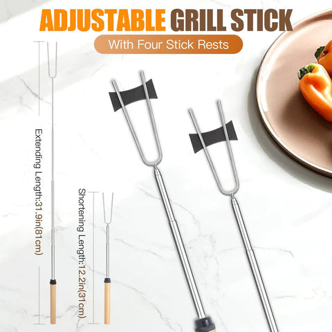 Adjustable grill sticks with rests from Tabletop Fire Pit Accessory Kit For Mesa XL 7 Inch Lid With Pellet Scoop Marshmallow Sticks Stick Rests And Carry Case Perfect Outdoor Gathering Upgrade With Easy Setup And Fun Roasting, showing extending length