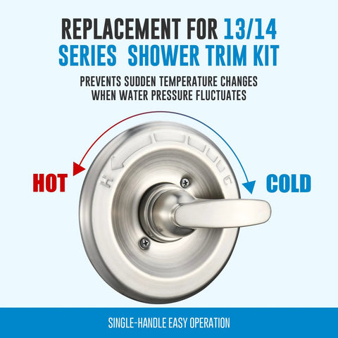 Front view of brushed-nickel single-handle shower valve trim with hot and cold indicators