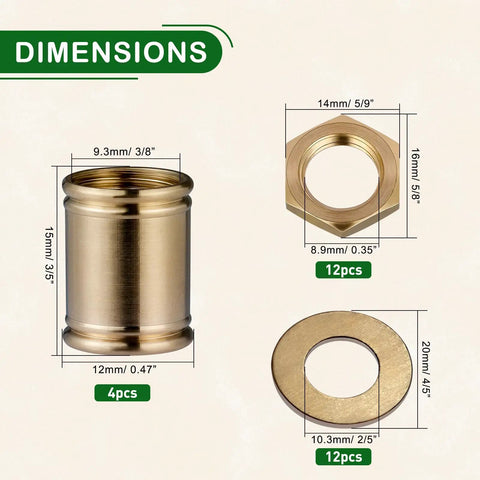 Total No Fuss Brass Lamp Hardware Set Featuring Snug Threaded Pipe Locknuts And Tough Rod Couplings For Easy Diy Lighting Assembly And Workshop Upgrades showing dimensions of brass nuts, couplings, and washers.