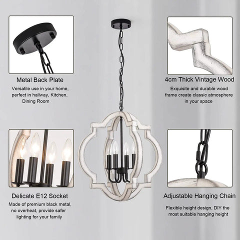 4 Light Vintage Wood Orb Pendant Chandelier For Island Kitchen Dining Room Hallway Foyer with metal back plate and adjustable chain