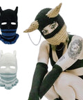 Knitted Full Face Ski Mask Balaclava For Winter Outdoor Gear with horns in black and tan, blue and white variations
