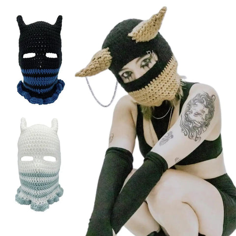 Knitted Full Face Ski Mask Balaclava For Winter Outdoor Gear with horns in black and tan, blue and white variations