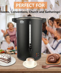 30 Cup Commercial Coffee Urn For Catering Pro Grade 6L Large Capacity With Double Wall Stainless Steel Brew System Dripless Faucet Quick Brew 750W High Volume Coffee Maker Keeps Coffee Hot For Events And Buffets Black, shown in a catering setup.
