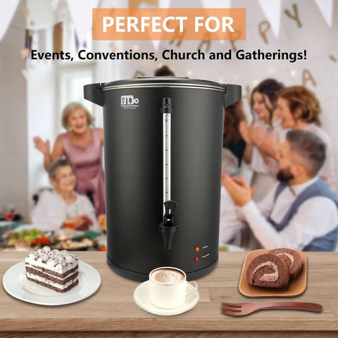 30 Cup Commercial Coffee Urn For Catering Pro Grade 6L Large Capacity With Double Wall Stainless Steel Brew System Dripless Faucet Quick Brew 750W High Volume Coffee Maker Keeps Coffee Hot For Events And Buffets Black, shown in a catering setup.