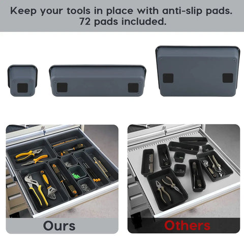 40 Pack Anti Slip Tool Box Organizer Kit With 72 Non Slip Pads shown in a drawer comparison with organized tools in trays