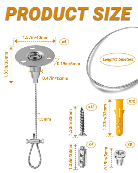 Product size details of Heavy Duty 4 Pack Ceiling Rod Supports, 59 Inch Adjustable Stainless Steel Brackets, screws, and anchors