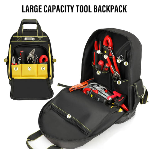 Heavy Duty Tool Backpack With Molded Waterproof Bottom And Waist Support For Electricians, Plumbers, And Pros Built To Last