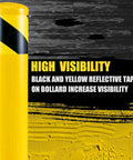 Keep Your Spot Secure With Rock Solid 42 Inch Steel Safety Bollards 4.5 Inch Diameter High Visibility Yellow Parking Barrier Posts Built For Tough Driveway Traffic Control 3 Pack, detail of black and yellow reflective tape.