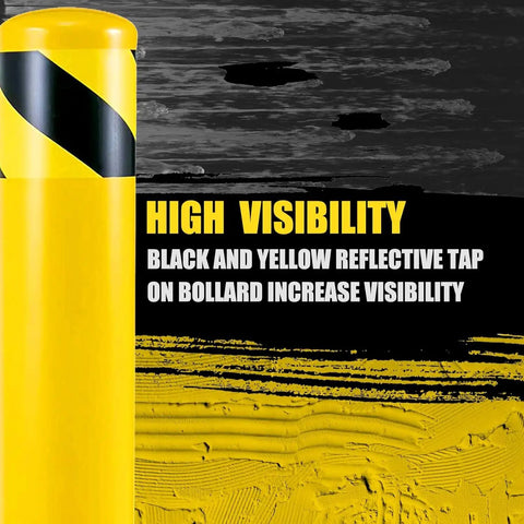 Keep Your Spot Secure With Rock Solid 42 Inch Steel Safety Bollards 4.5 Inch Diameter High Visibility Yellow Parking Barrier Posts Built For Tough Driveway Traffic Control 3 Pack, detail of black and yellow reflective tape.