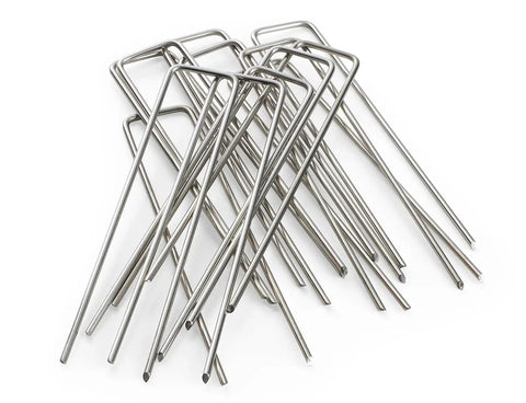 Pile of Beefy 6 Inch 11 Gauge Stainless Steel Landscape Staples For Landscape Fabric And Drip Irrigation Lines Rust Resistant 304