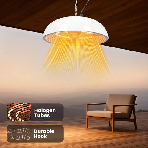 1500W Infrared Ceiling Mounted Patio Heater with 360 Degree Heat Coverage installed above outdoor seating area