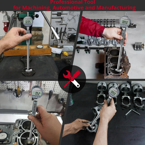XUNTOP digital bore gauge, 2–6 in range with LCD display; quad-view collage showing use in machining and engine cylinders.