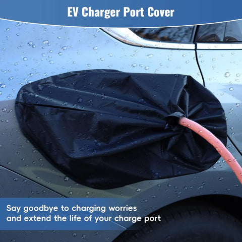 Dang Solid Magnetic EV Charger Cover For Steel Body Electric Cars All Weather Shield over charging port on a vehicle in rain.