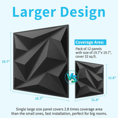 Black Diamond PVC 3D Wall Panel Set For Interior Decor Large 19 7 By 19 7 Inch Textured Diamond Panels Pack Of 12 Tiles Quick Install Dope Modern Black Wall Accent For Living Rooms And Offices