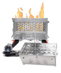 Deluxe Portable Propane Fire Pit With Removable Grill Insert for safe cooking featuring stainless steel design, flames visible.