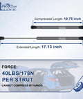17 Inch Gas Shock Strut Lift Support 40LB 178N for Leer Camper Shells with dimensions and force details