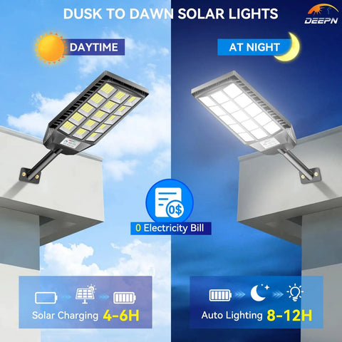 Solar Outdoor Flood Lights 6500K Dusk To Dawn with Motion Sensor and Remote Control Waterproof Security Street Lighting installed on wall during daytime and nighttime