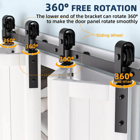 72 Inch Bi Fold Barn Door Hardware Kit For Four Bifold Doors Beefy Heavy Duty Black Steel Sliding Track System With Quiet Operation Easy Assembly 400 Lb Capacity Built Tough For Any Home No Door Included showing sliding track and wheels with 360-degree rotation feature.