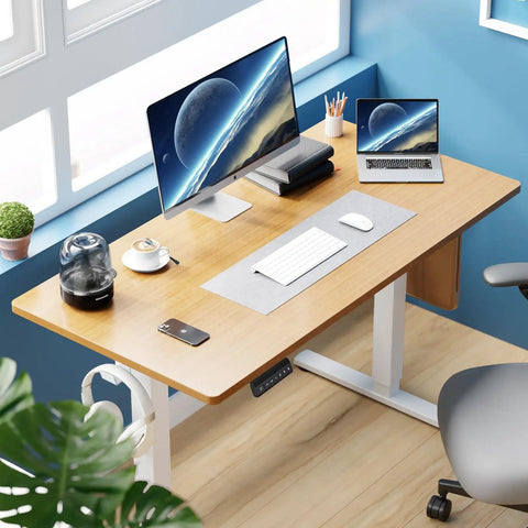 Solid Height Adjustable Standing Office Desk With Ergonomic Sit Stand Workstation And Thick Mdf Top Designed To Take The Stress Out Of Your Daily Grind Smoothly, featuring a wooden top, dual monitors, and ergonomic chair.