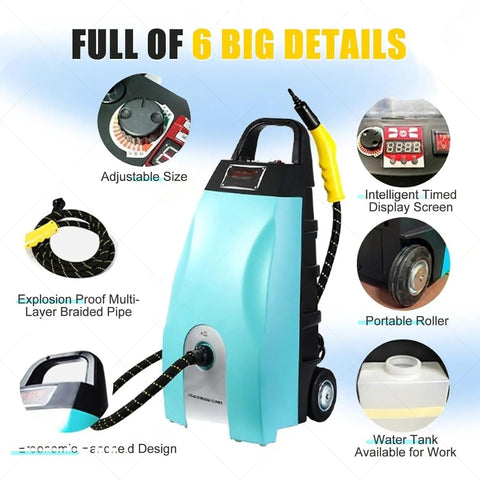 Get Rid Of Stubborn Grime With This Badass Commercial Steam Cleaner. Detailed view showing hose, display screen and portable design.