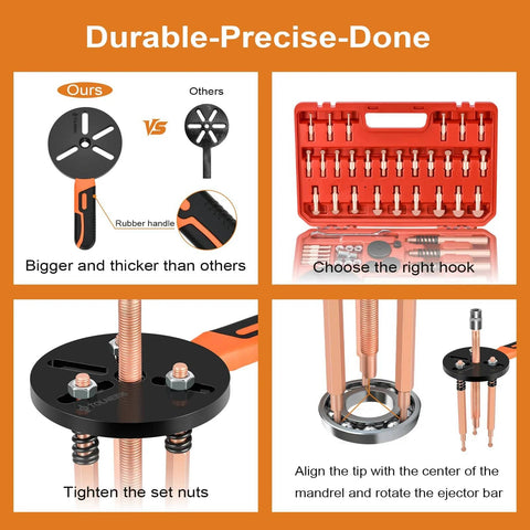33-in-1 bearing puller kit with orange non-slip handle and red storage case, copper rods and puller base