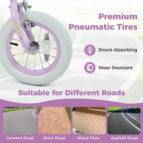 Kids 12 Inch Bike For Girls And Boys Ages 3 To 8 Training Wheels Coaster Brake Height Adjustable Handlebar And Seat Purple Color Easy To Ride Built To Grow With Your Kid with premium pneumatic tire close-up