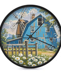 Dead Quiet Sweep Wall Clock With A Sweet Rural Blue Valley Warehouse Vibe Non Ticking Round Timepiece, battery operated with a blue barn design.