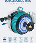 Retractable Garden Hose Reel With Wall Mount 100 Ft Half Inch Hose, 10 Pattern Nozzle, Brass Connector, Auto Rewind, Lock At Any Length