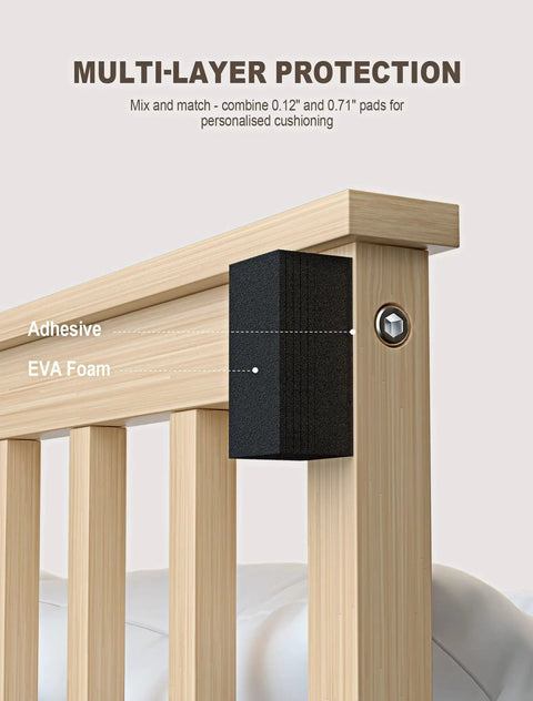 Heavy Duty Eva Foam Headboard Stoppers And Wall Protectors Keep Your Setup Tight And Silent Kick Back Against Walls Shield From Nasty Scuffs Stay Solid Black 20 Pack showing multi-layer padding on furniture.
