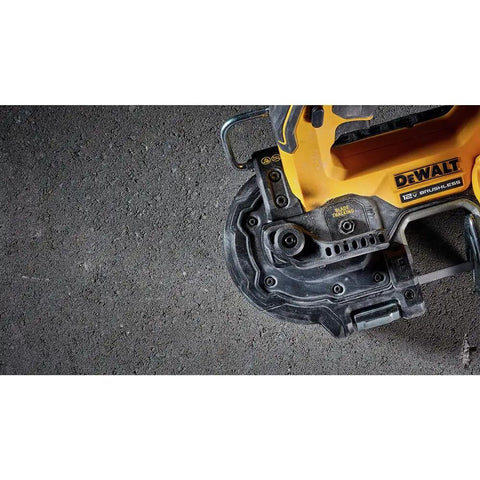 Close-up of 12V Max Xtreme Compact Cordless Bandsaw Bare Tool For One-Hand And Overhead Cuts on a concrete floor