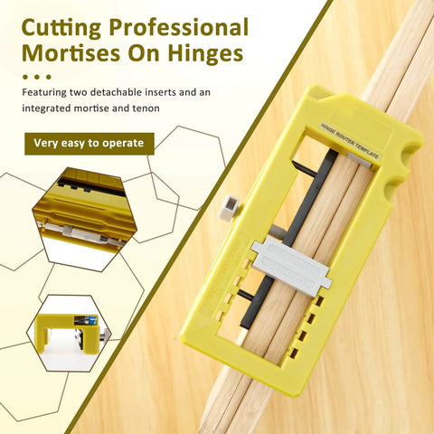 Pro Grade Door Hinge Mortise Jig Kit with Self Centering Drill Bits shown with yellow plastic router template and inserts