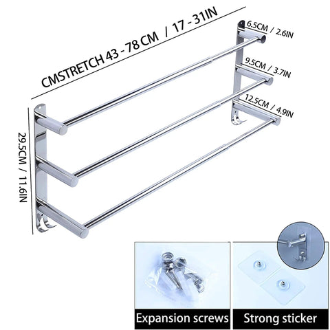 Retractable Towel Bar Rack In Stainless Steel 304, Adjustable 20-30 Inches, 3 Arm Bathroom Wall Organizer With Adhesive Mount